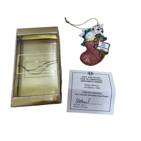 Fitz & Floyd Our 1st Xmas "Honey Bunnies" 1st Edition 1993 Ornament with Box - Picture 4 of 8